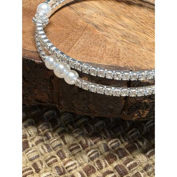 New Macy's Station Anne Klein Imitation Pearl with Crystals Coil Wrap Bracelet - Picture 4 of 4